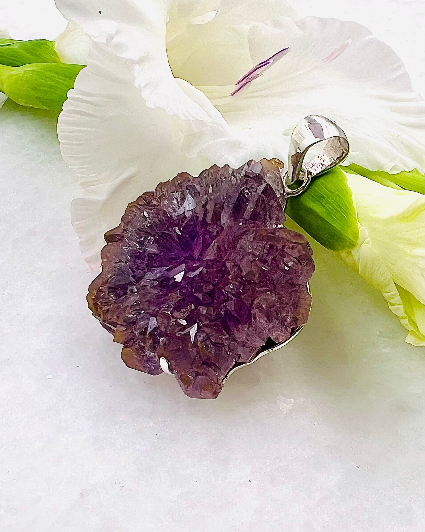 Collectors Grade Complete Amethyst Flower w/ Hematite Inclusions Pendant