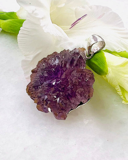 Collectors Grade Complete Amethyst Flower w/ Hematite Inclusions Pendant