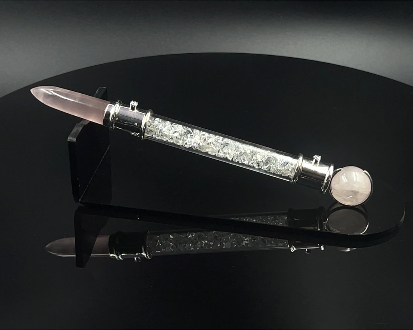 Rose Quartz Pocket Power Wand in .925 silver, with Herkimer Diamond filler, CZ Accents and Rose Quartz Sphere in Green Velvet Bag