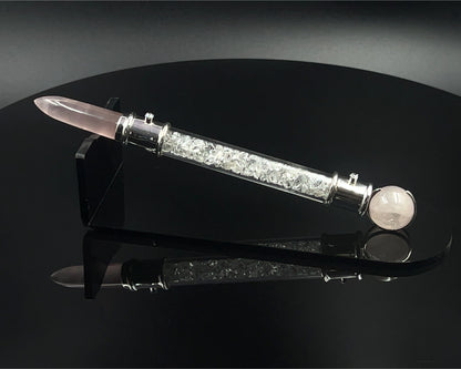 Rose Quartz Pocket Power Wand in .925 silver, with Herkimer Diamond filler, CZ Accents and Rose Quartz Sphere in Green Velvet Bag