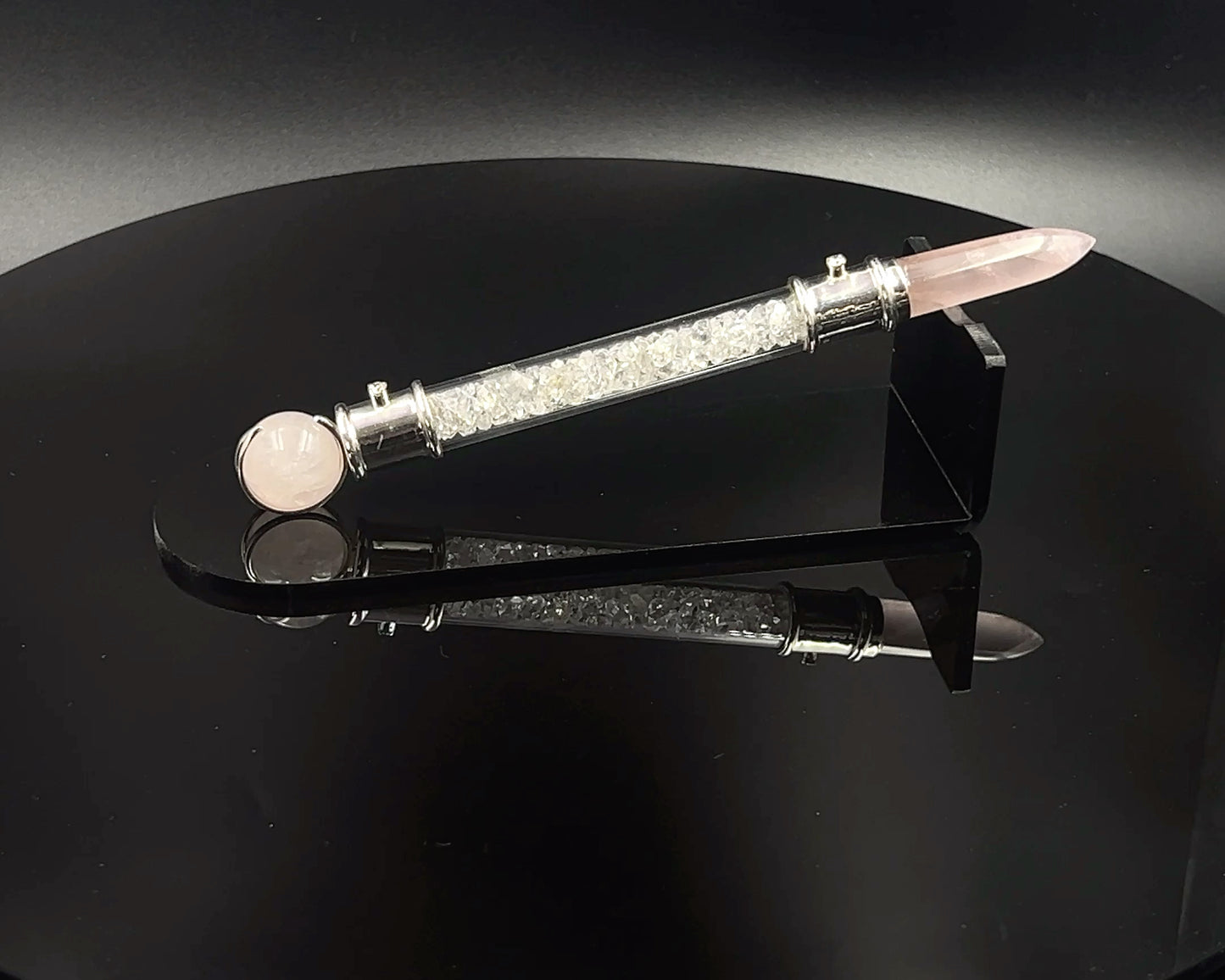 Rose Quartz Pocket Power Wand in .925 silver, with Herkimer Diamond filler, CZ Accents and Rose Quartz Sphere in Green Velvet Bag