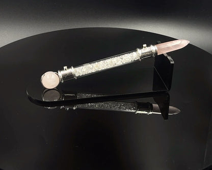 Rose Quartz Pocket Power Wand in .925 silver, with Herkimer Diamond filler, CZ Accents and Rose Quartz Sphere in Green Velvet Bag