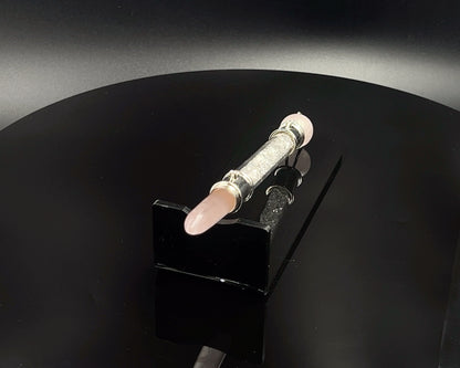 Rose Quartz Pocket Power Wand in .925 silver, with Herkimer Diamond filler, CZ Accents and Rose Quartz Sphere in Green Velvet Bag
