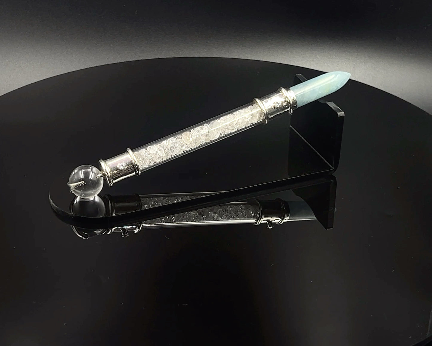 Aquamarine Pocket Power Wand in .925 silver, with Herkimer Diamond filler, CZ Accents and Quartz Sphere in Blue Velvet Bag