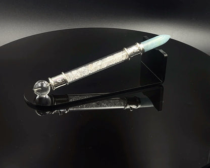 Aquamarine Pocket Power Wand in .925 silver, with Herkimer Diamond filler, CZ Accents and Quartz Sphere in Blue Velvet Bag