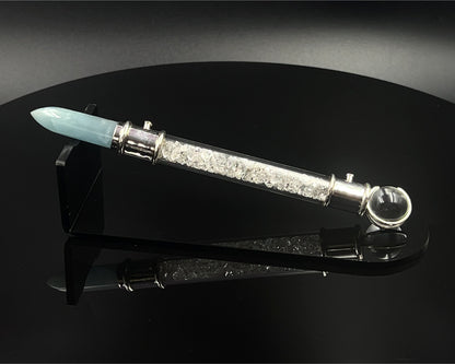 Aquamarine Pocket Power Wand in .925 silver, with Herkimer Diamond filler, CZ Accents and Quartz Sphere in Blue Velvet Bag