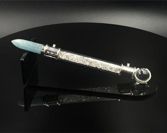 Aquamarine Pocket Power Wand in .925 silver, with Herkimer Diamond filler, CZ Accents and Quartz Sphere in Blue Velvet Bag