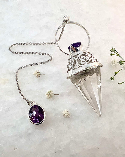 Vogel Cut Crystal Point with Facetted Amethysts in Fancy .925 Silver Setting with Cutwork Design as a Pendulum