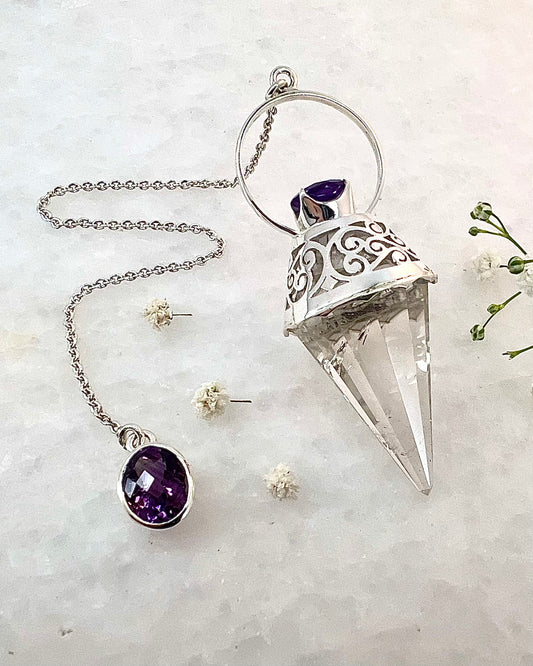 Vogel Cut Crystal Point with Facetted Amethysts in Fancy .925 Silver Setting with Cutwork Design as a Pendulum