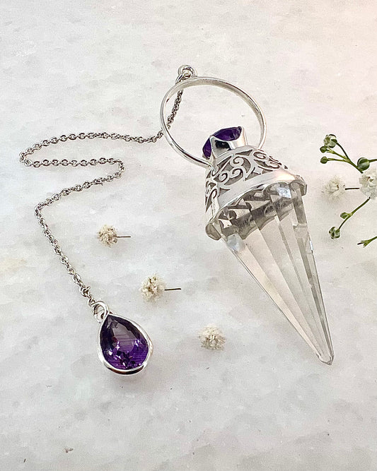 Vogel Cut Crystal Point with Facetted Amethysts in Fancy .925 Silver Setting wwith Cutwork Design as a Pendulum