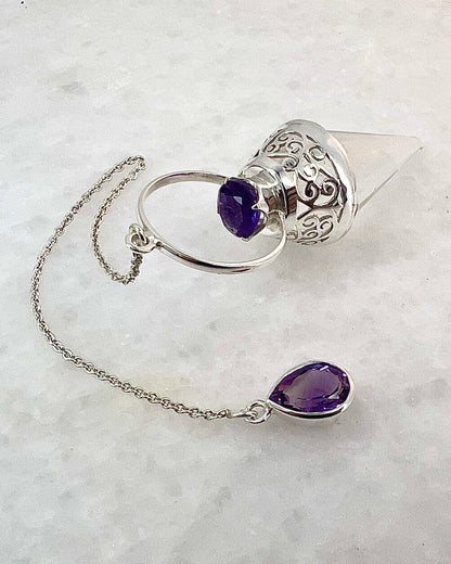 Vogel Cut Crystal Point with Facetted Amethysts in Fancy .925 Silver Setting wwith Cutwork Design as a Pendulum