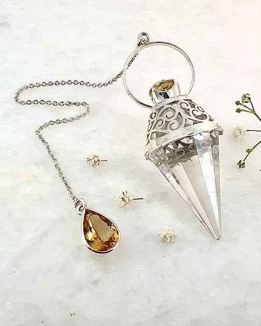 Vogel Cut Crystal Point with Facetted Citrines in Fancy .925 Silver Setting with Cutwork Design as a Pendulum