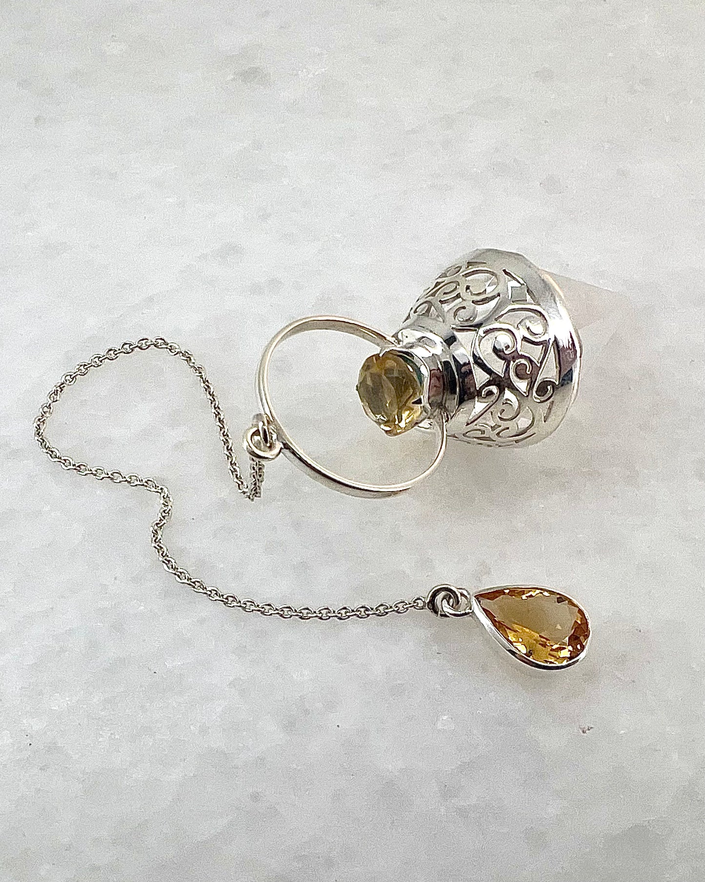 Vogel Cut Crystal Point with Facetted Citrines in Fancy .925 Silver Setting with Cutwork Design as a Pendulum