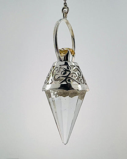 Vogel Cut Crystal Point with Facetted Citrines in Fancy .925 Silver Setting with Cutwork Design as a Pendulum