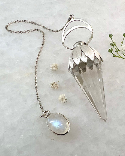 Vogel Cut Crystal Point w/ Rainbow Moonstone in Fancy .925 Silver Setting with Engraved Flower Leaves Design as a Pendulum