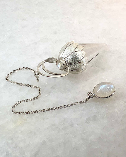 Vogel Cut Crystal Point w/ Rainbow Moonstone in Fancy .925 Silver Setting with Engraved Flower Leaves Design as a Pendulum