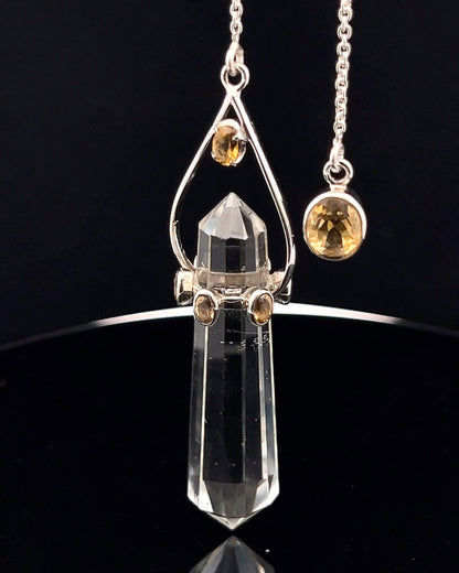 Vogel Cut Double Terminated Crystal Point w/ 8 Facetted Citrines in .925 Silver Setting  as a Pendulum