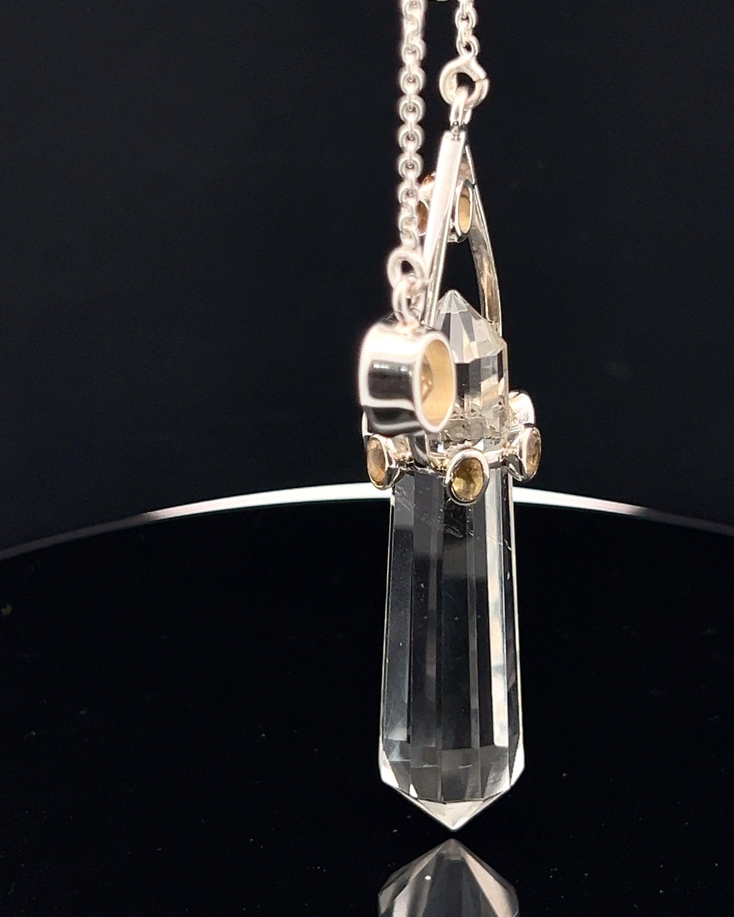 Vogel Cut Double Terminated Crystal Point w/ 8 Facetted Citrines in .925 Silver Setting  as a Pendulum