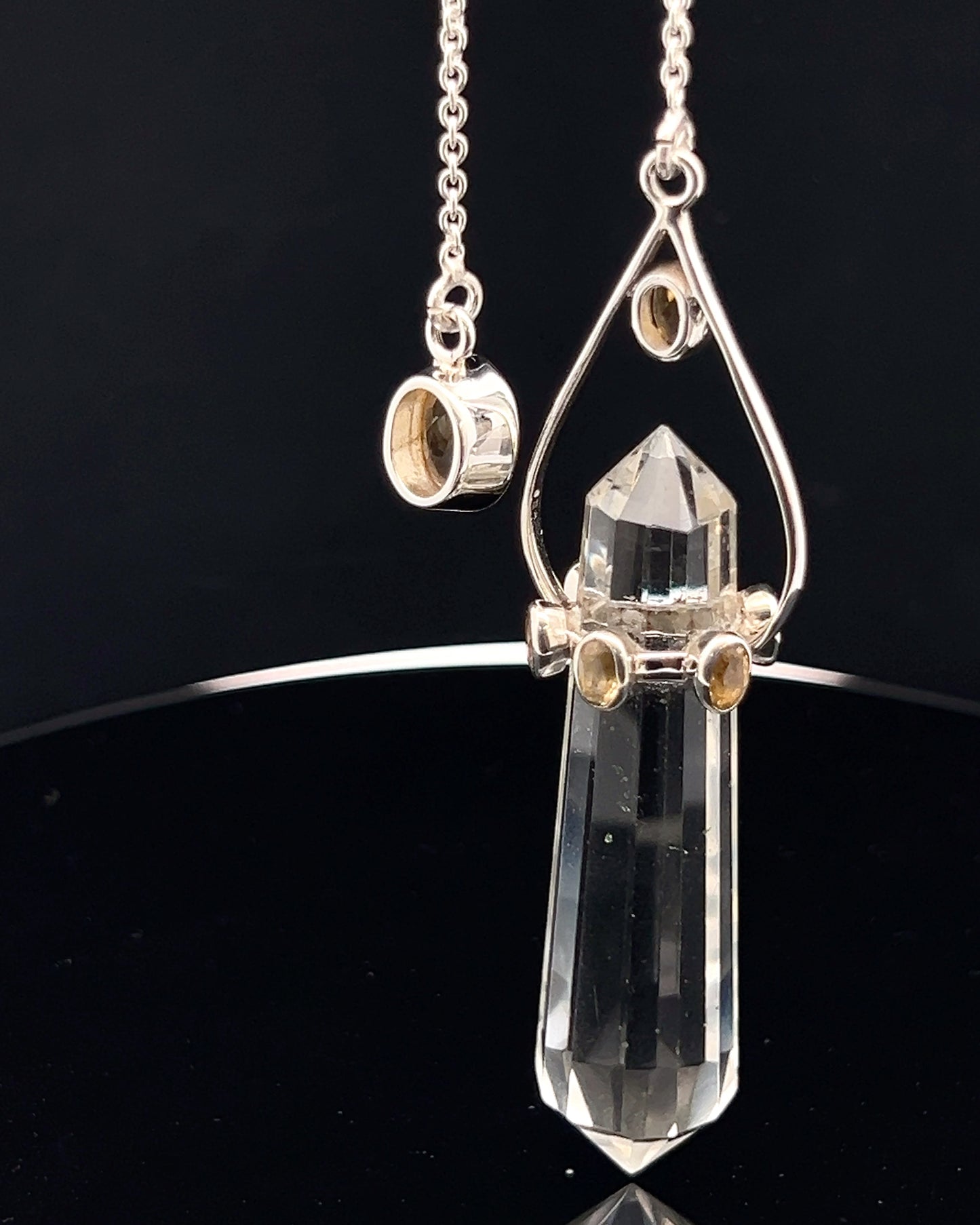Vogel Cut Double Terminated Crystal Point w/ 8 Facetted Citrines in .925 Silver Setting  as a Pendulum
