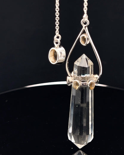 Vogel Cut Double Terminated Crystal Point w/ 8 Facetted Citrines in .925 Silver Setting  as a Pendulum