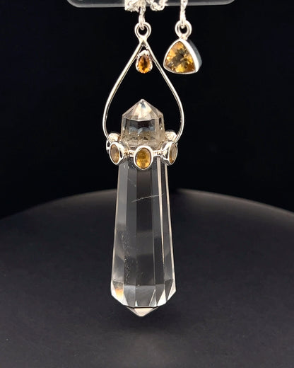 Vogel Cut Double Terminated Crystal Point w/ 8 Facetted Citrines in .925 Silver Setting  as a Pendulum