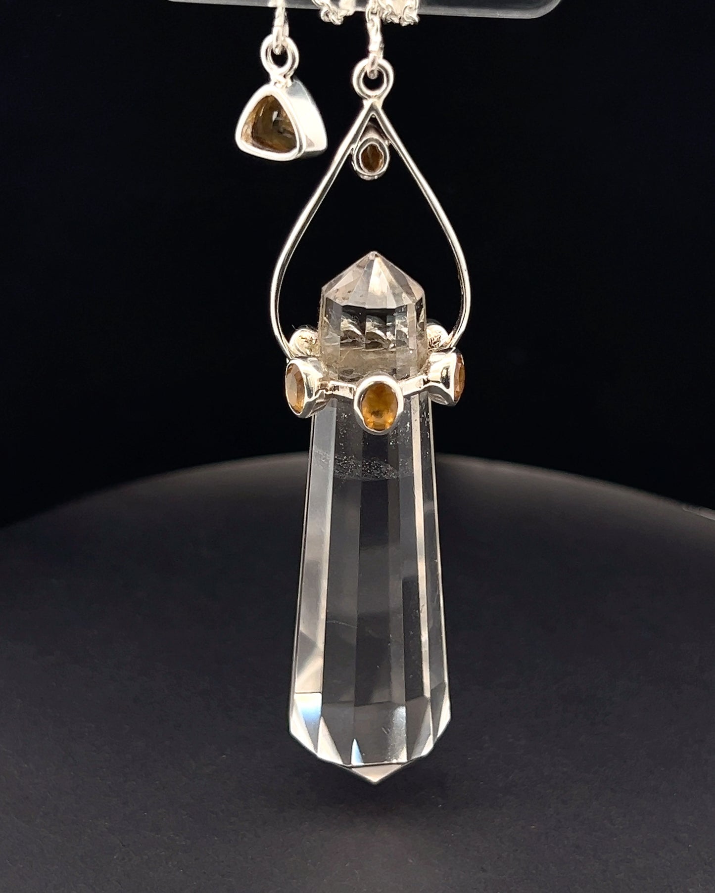 Vogel Cut Double Terminated Crystal Point w/ 8 Facetted Citrines in .925 Silver Setting  as a Pendulum