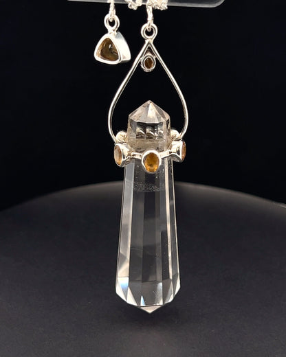 Vogel Cut Double Terminated Crystal Point w/ 8 Facetted Citrines in .925 Silver Setting  as a Pendulum