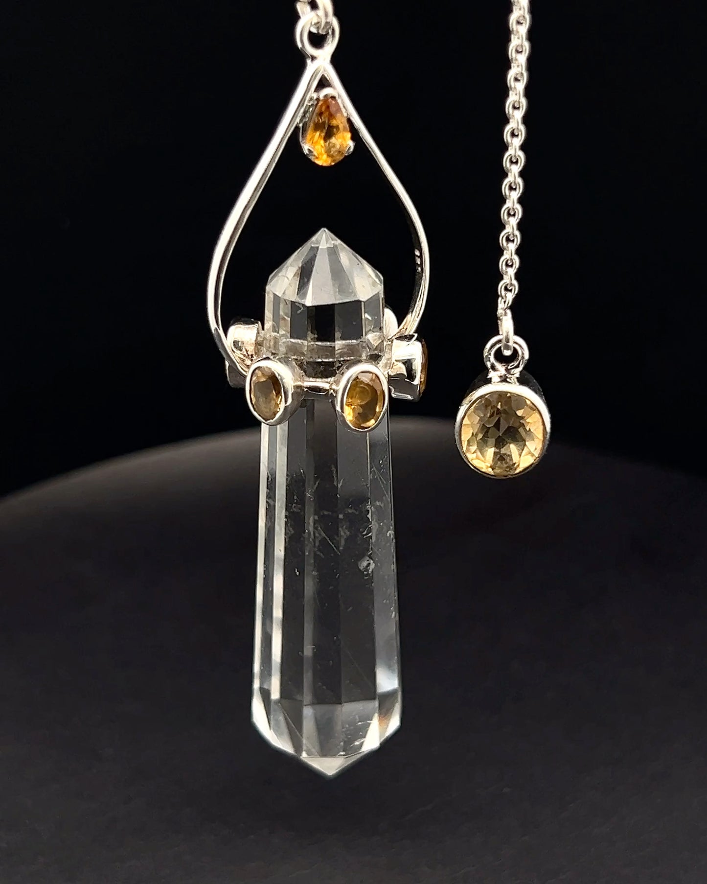 Vogel Cut Double Terminated Crystal Point w/ 8 Facetted Citrines in .925 Silver Setting  as a Pendulum