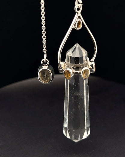 Vogel Cut Double Terminated Crystal Point w/ 8 Facetted Citrines in .925 Silver Setting  as a Pendulum