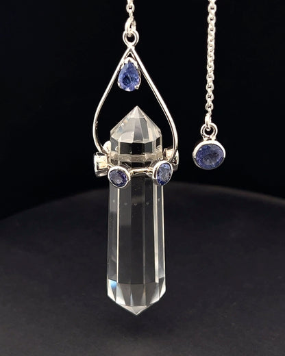 Vogel Cut Double Terminated Crystal Point w/ 8 Facetted Tanzanite in .925 Silver Setting  as a Pendulum