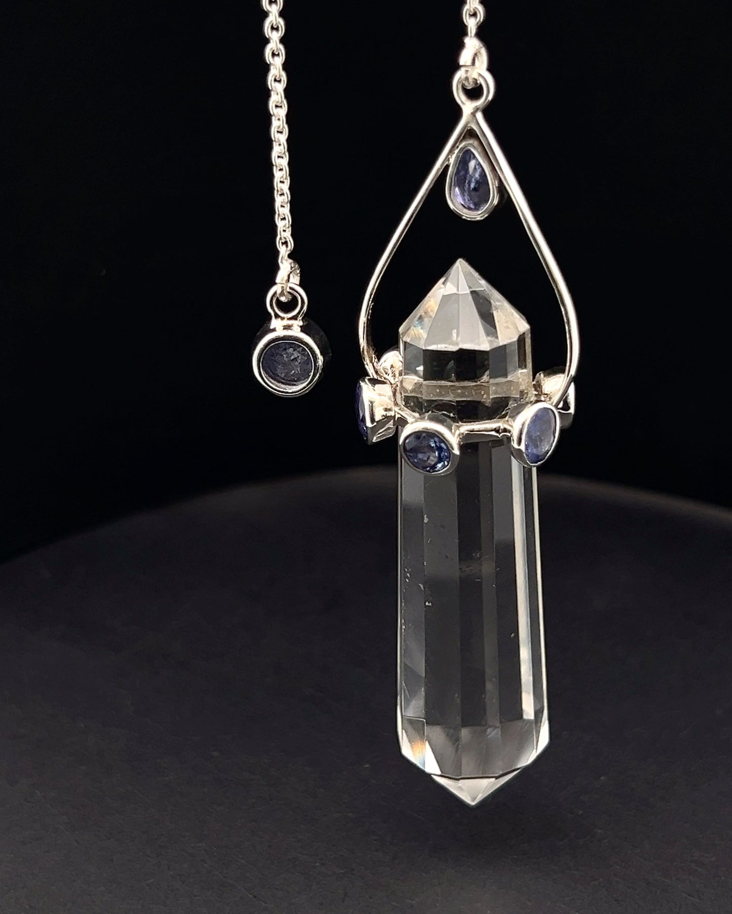 Vogel Cut Double Terminated Crystal Point w/ 8 Facetted Tanzanite in .925 Silver Setting  as a Pendulum