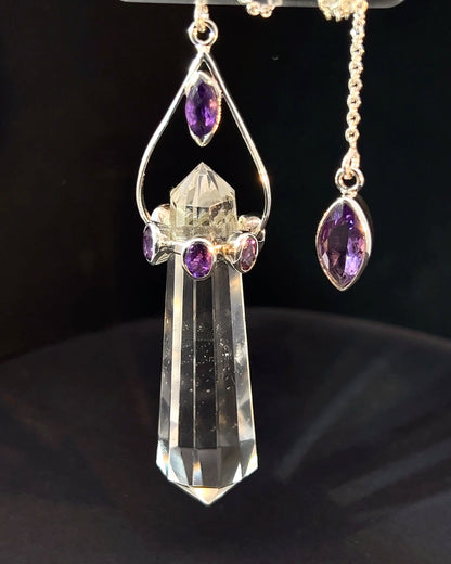 Vogel Cut Double Terminated Crystal Point w/ 8 Facetted Amethysts in .925 Silver Setting  as a Pendulum