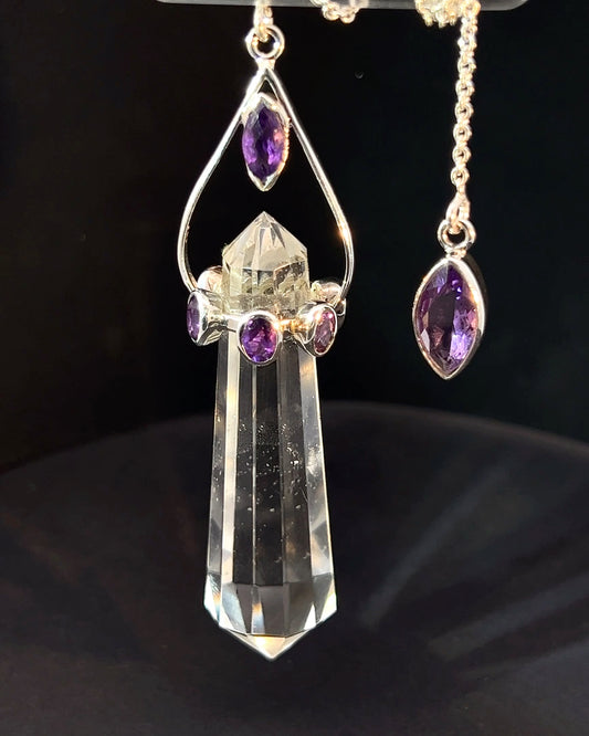 Vogel Cut Double Terminated Crystal Point w/ 8 Facetted Amethysts in .925 Silver Setting  as a Pendulum