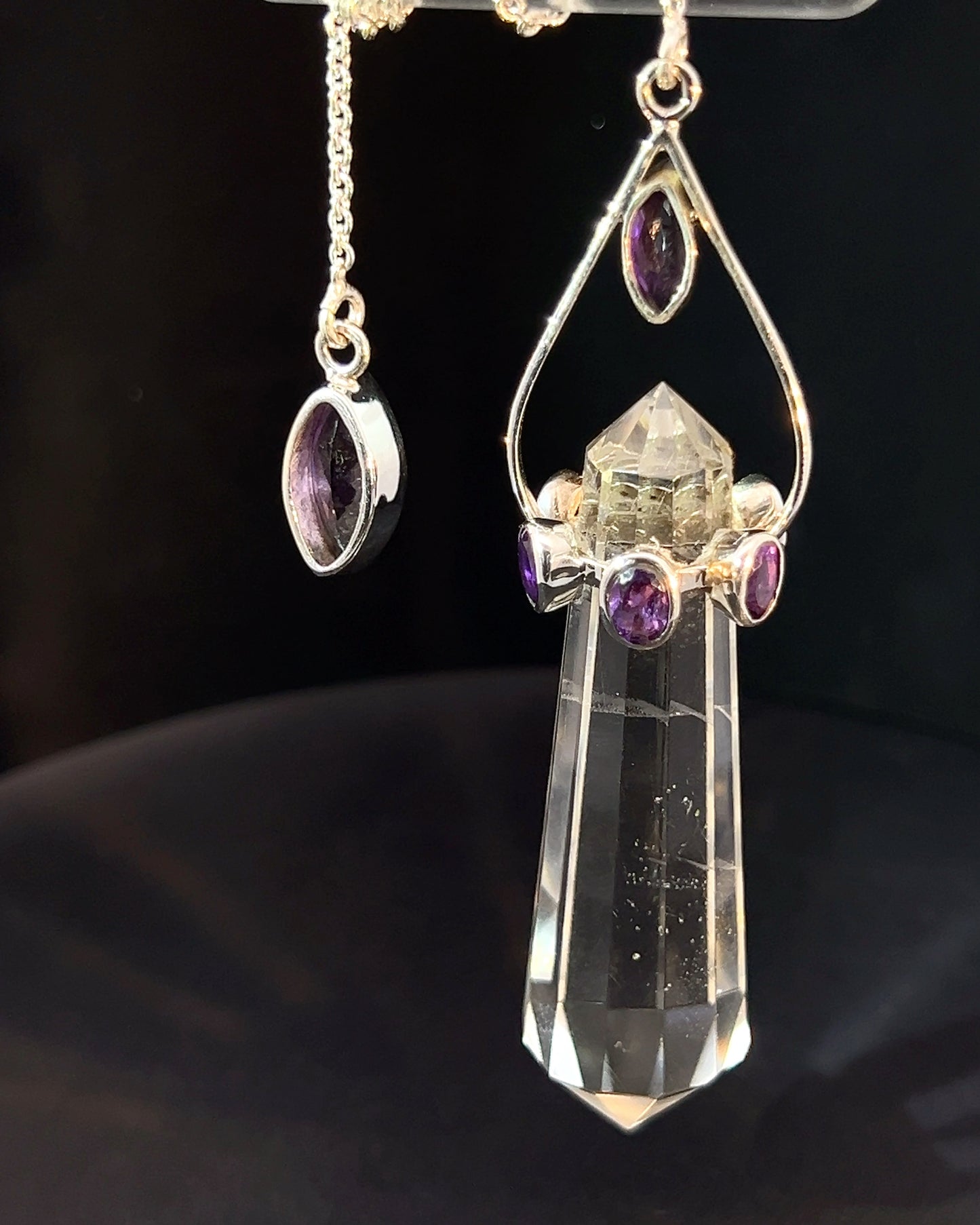 Vogel Cut Double Terminated Crystal Point w/ 8 Facetted Amethysts in .925 Silver Setting  as a Pendulum