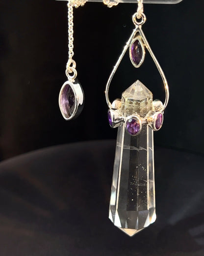 Vogel Cut Double Terminated Crystal Point w/ 8 Facetted Amethysts in .925 Silver Setting  as a Pendulum