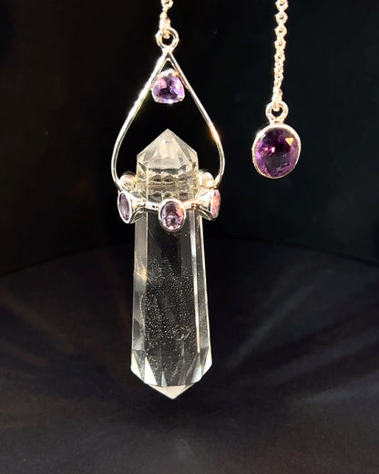 Vogel Cut Double Terminated Crystal Point w/ 8 Facetted Amethysts in .925 Silver Setting  as a Pendulum