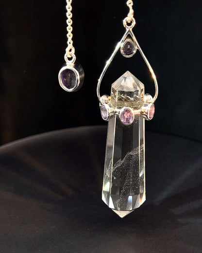 Vogel Cut Double Terminated Crystal Point w/ 8 Facetted Amethysts in .925 Silver Setting  as a Pendulum