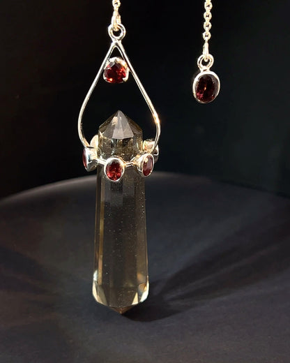 Vogel Cut Double Terminated Smoky Crystal Point w/ 8 Facetted Garnets in .925 Silver Setting  as a Pendulum