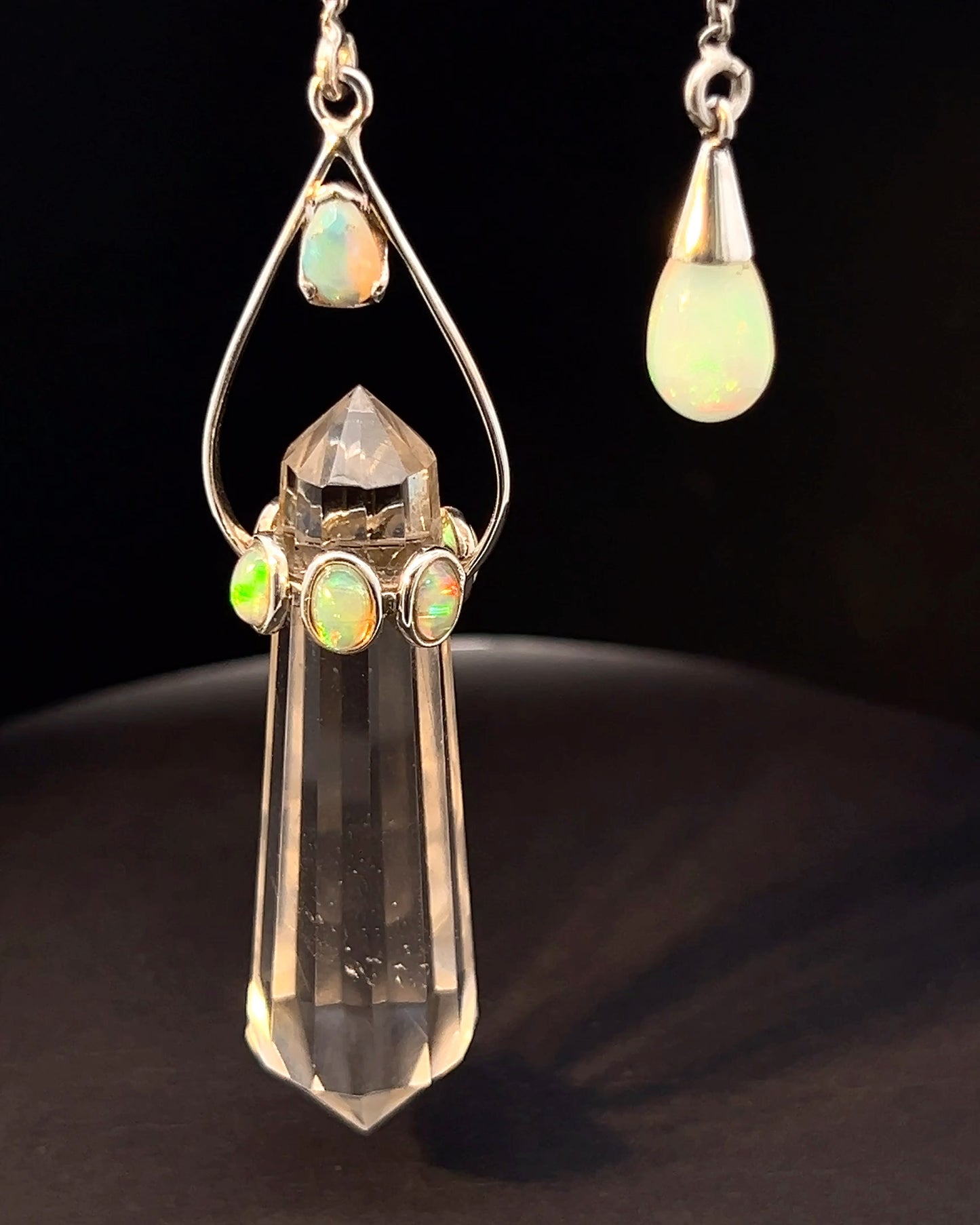 Vogel Cut Double Terminated Crystal Point w/ 7 Facetted  Ethiopian Opals and Opals Drop in .925 Silver Setting  as a Pendulum