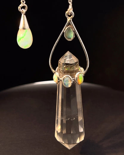 Vogel Cut Double Terminated Crystal Point w/ 7 Facetted  Ethiopian Opals and Opals Drop in .925 Silver Setting  as a Pendulum