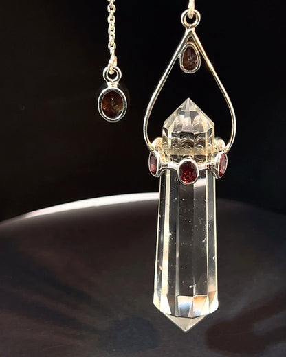 Vogel Cut Double Terminated Crystal Point w/ 8 Facetted Garnets in .925 Silver Setting  as a Pendulum