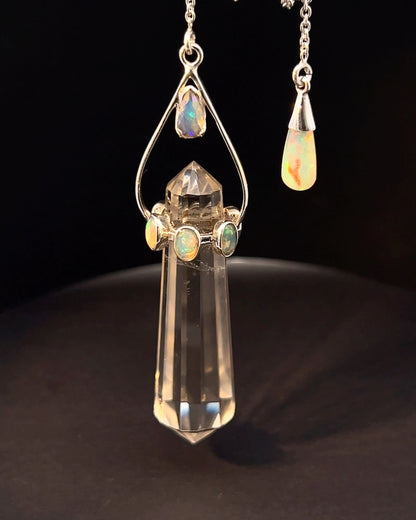 Vogel Cut Double Terminated Crystal Point w/ 7 Facetted  Ethiopian Opals and Opals Drop in .925 Silver Setting  as a Pendulum