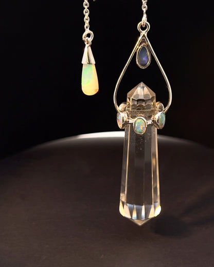 Vogel Cut Double Terminated Crystal Point w/ 7 Facetted  Ethiopian Opals and Opals Drop in .925 Silver Setting  as a Pendulum