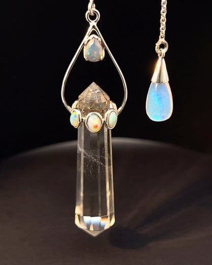 Vogel Cut Double Terminated Crystal Point w/ 7 Facetted  Ethiopian Opals and Opal Drop in .925 Silver Setting  as a Pendulum