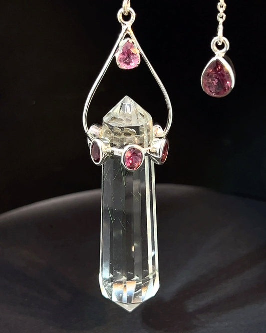 Vogel Cut Double Terminated Smoky Crystal Point with 7 Facetted  Red Turmalines in .925 Silver Setting  as a Pendulum