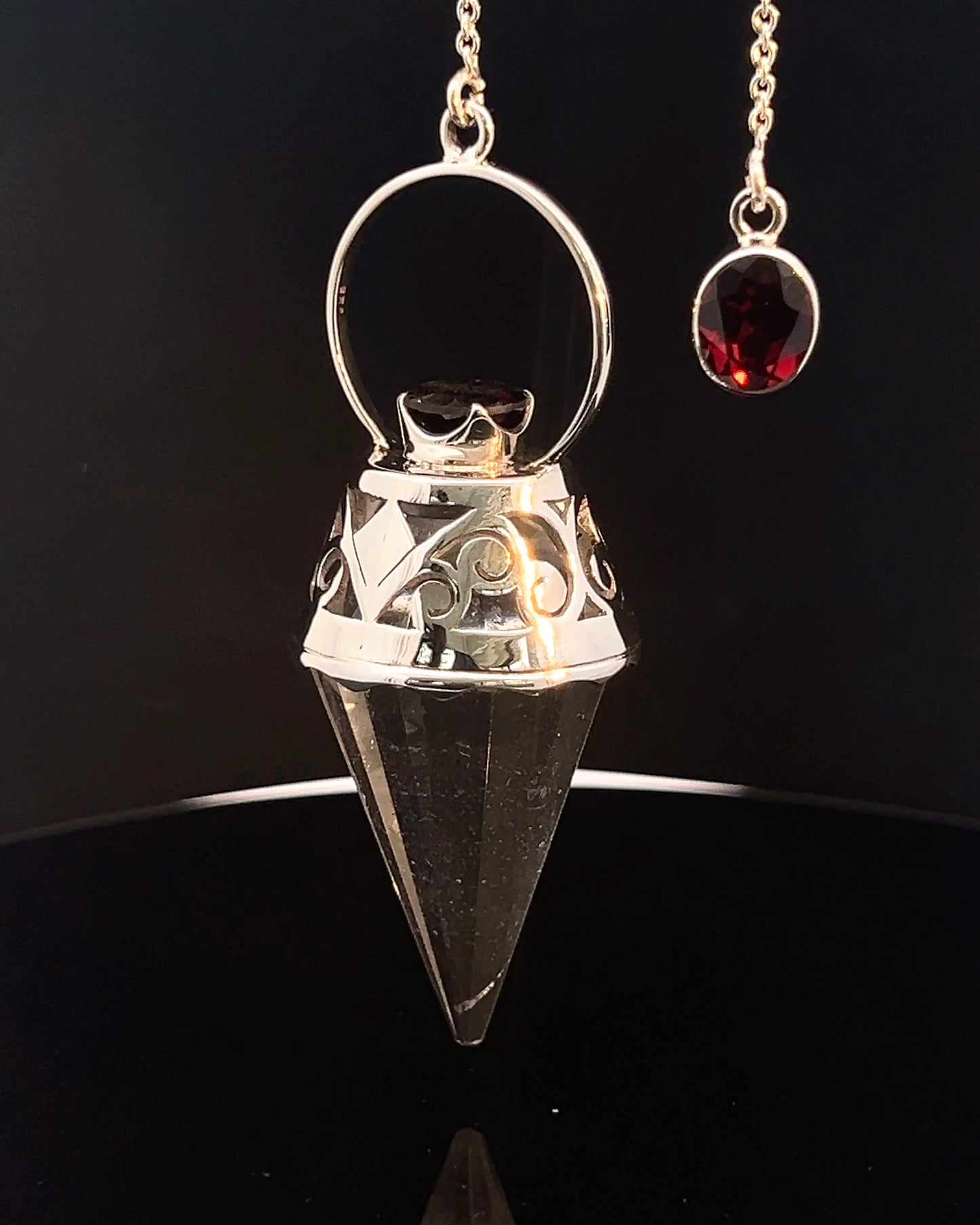 Vogel Cut Crystal Point w/ Facetted Garnets in Fancy .925 Silver Setting w/ Cutwork Design as a Pendulum