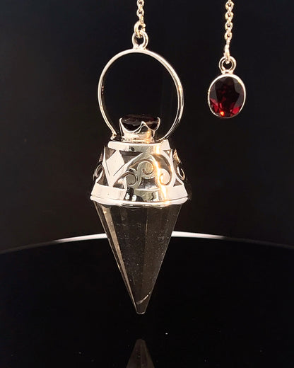 Vogel Cut Crystal Point w/ Facetted Garnets in Fancy .925 Silver Setting w/ Cutwork Design as a Pendulum