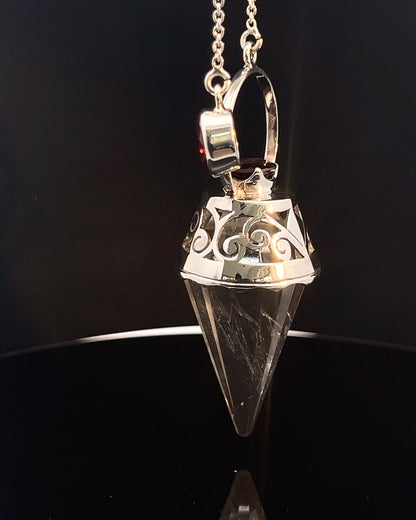 Vogel Cut Crystal Point w/ Facetted Garnets in Fancy .925 Silver Setting w/ Cutwork Design as a Pendulum