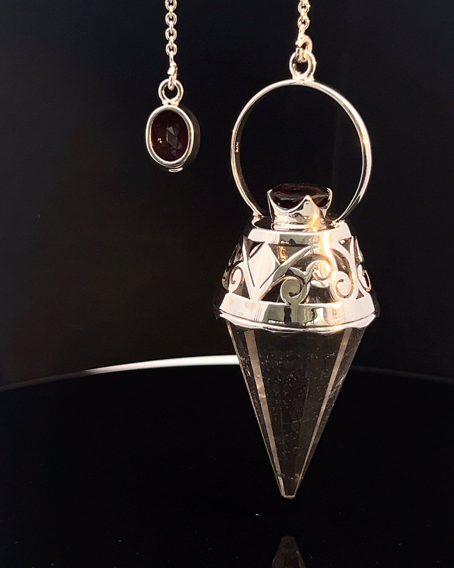 Vogel Cut Crystal Point w/ Facetted Garnets in Fancy .925 Silver Setting w/ Cutwork Design as a Pendulum
