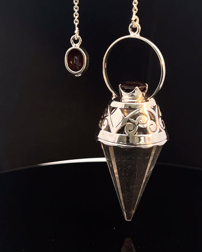 Vogel Cut Crystal Point w/ Facetted Garnets in Fancy .925 Silver Setting w/ Cutwork Design as a Pendulum
